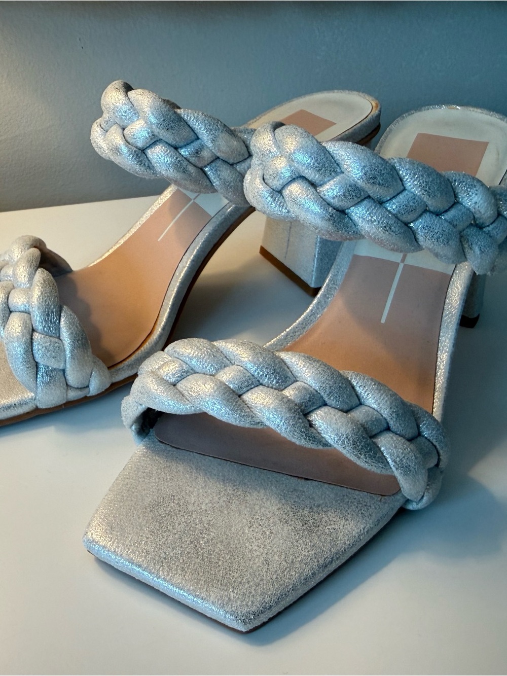 Dolce Vita Metallic Silver Braided Block Heel Sandals